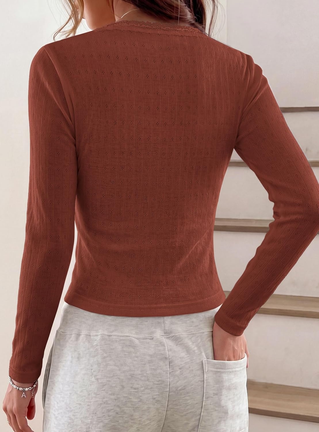 image:imagePRETTYGARDEN Womens Long Sleeve Henley Shirts Going Out TopsBrick Red